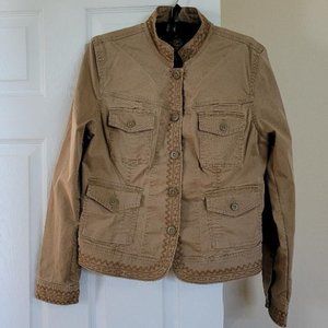 LUCKY BRAND Women’s Utility Jacket Tan Denim Medium Stand Up Collar Embroidery